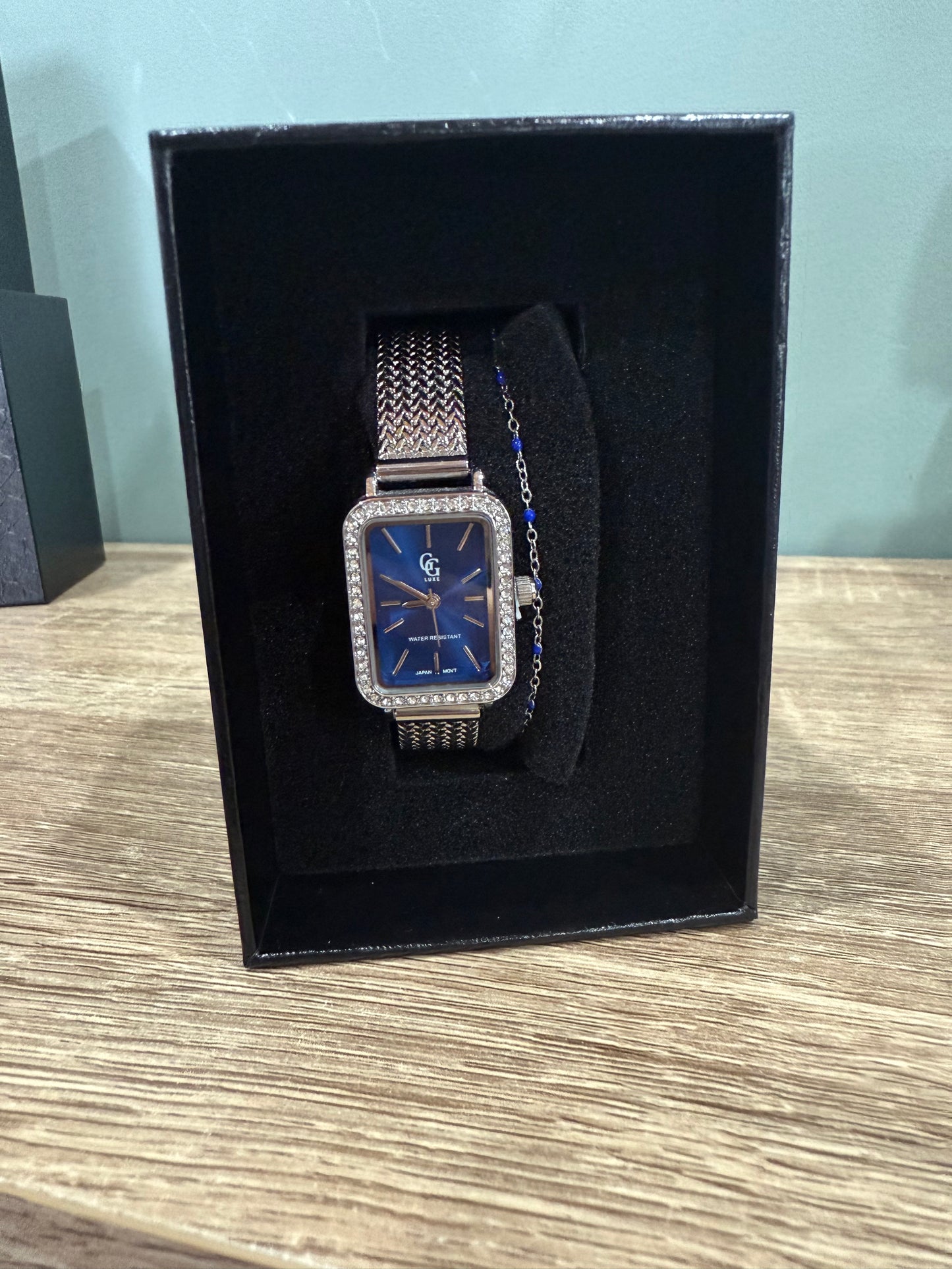 Coffret Montre + Bracelet argentée bleue