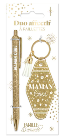 Stylo à paillettes + Porte clef Maman Cool
