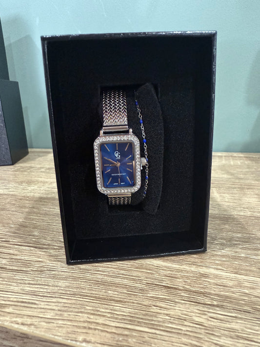 Coffret Montre + Bracelet argentée bleue